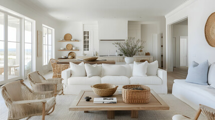 Fototapeta premium Minimalist Coastal-Inspired Living Room with Light Beige Walls, Soft White Sofa, Pale Wood Furniture, and Natural Elements