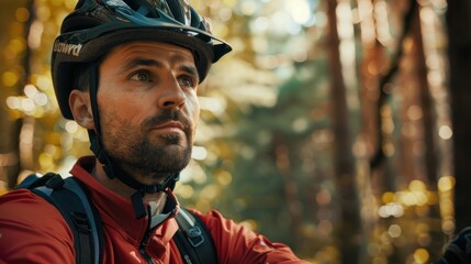 Cyclist in a helmet resting during an off-road adventure, enjoying nature on a dirt trail after training and racing