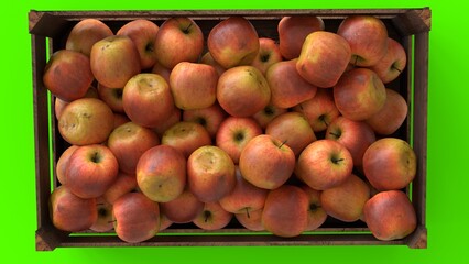 fresh apple in wooden box with green background