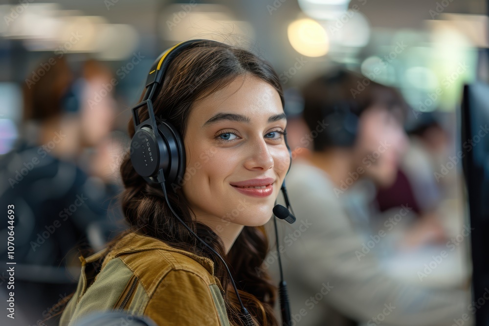 Poster portrait of a cheerful woman in a call center, ready for customer support, holding a microphone whil