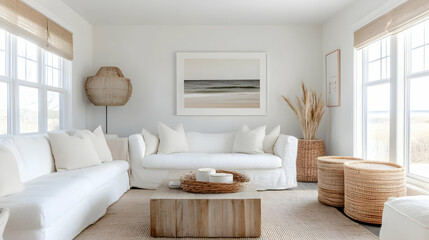 Minimalist Coastal-Inspired Living Room with Light Beige Walls, Soft White Sofa, Pale Wood Furniture, and Natural Elements
