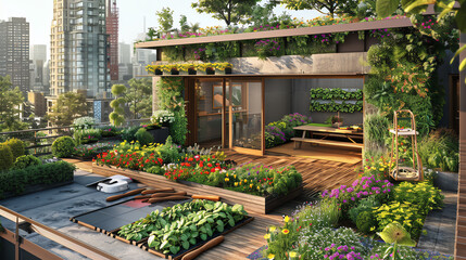 An innovative green rooftop with interactive digital gardening tools and holographic flowers, providing urban greenery style