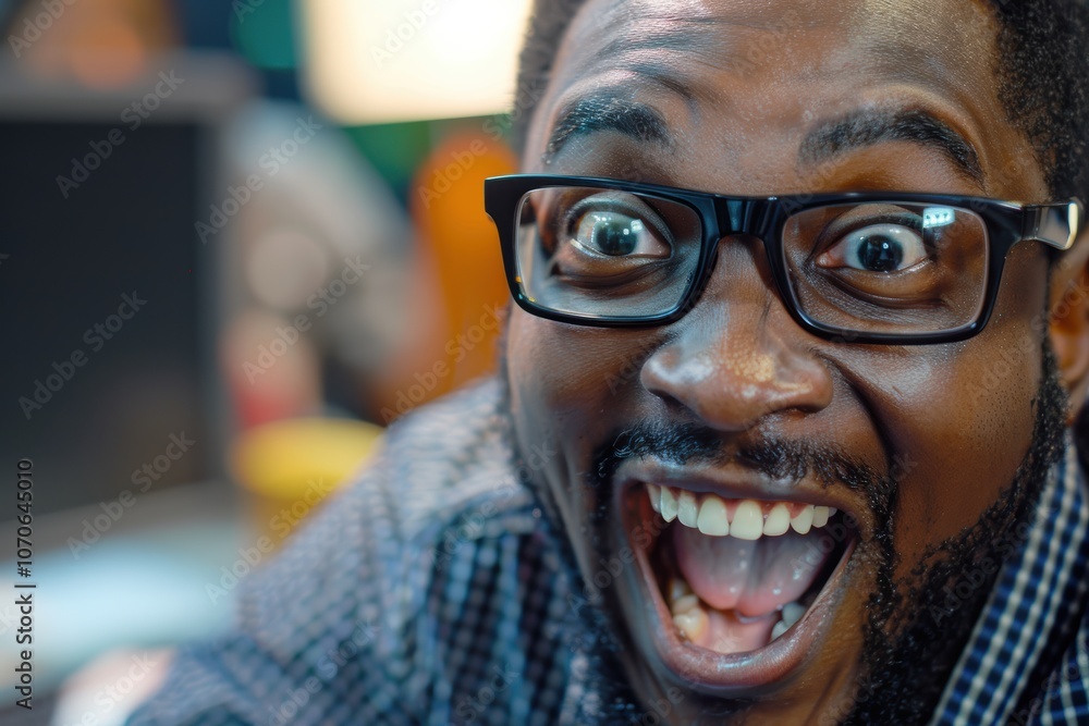 Poster overjoyed individual celebrating success in erp software, cybersecurity, or coding, expressing enthu
