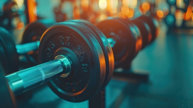 Close-up of a dumbbell and weights at a gym setting, emphasizing strength training, fitness goals, and athletic performance for motivation and muscle development