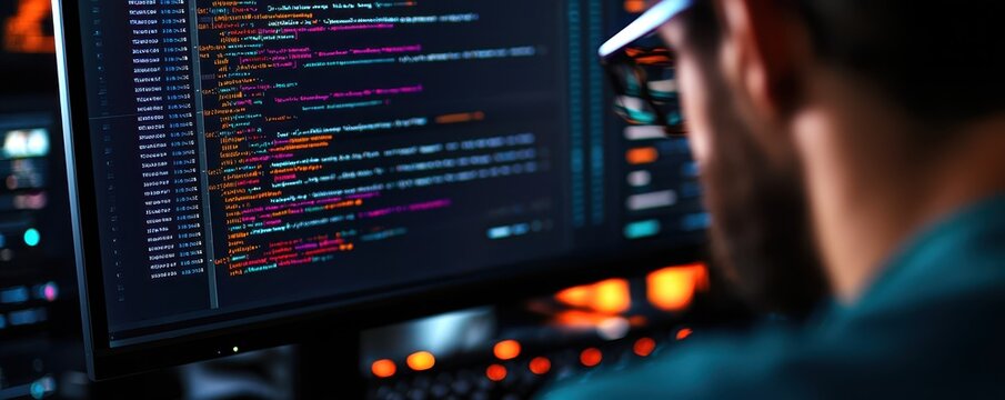 Tech enthusiast analyzes code on dual monitor setup to enhance software development efficiency