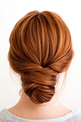 Naklejka premium A woman’s elegant, twisted bun hairstyle showcases radiant, coppery hair against a plain background, highlighting its smooth texture and neat style.
