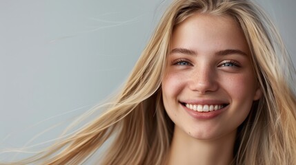 Fototapeta premium Womans portrait featuring beauty and wellness themes, showcasing hair care and skincare in a luxurious setting with a blue backdrop. Emphasis on spa health and a joyful expression