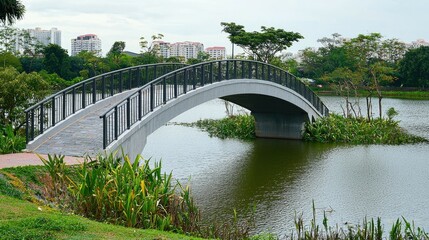Obraz premium Pedestrian bridge with railing over a lake in a park.