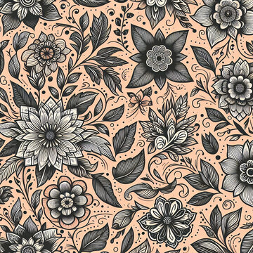 A cute floral pattern with cream, blue, yellow  and purple flowers and dark stems and leaves on a white background.