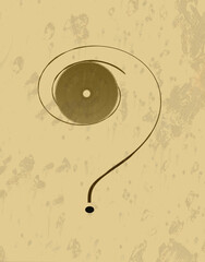 Bullseye question mark shows circle bullseye with question mark around the center area. This cd disk shape shows circles plus oval curves on a shotgun hole photo background.