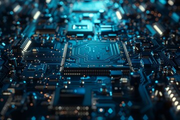 Close-up of a CPU and microchip, showcasing hardware and technology, featuring coding, data science, programming, and cybersecurity concepts in a night setting