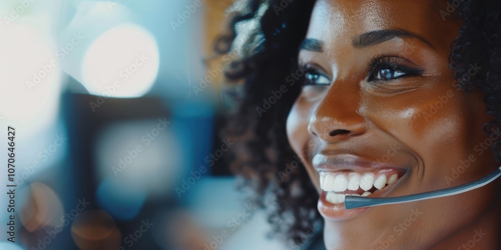 Poster customer service representative with a smiling demeanor assisting clients in a support and telemarke
