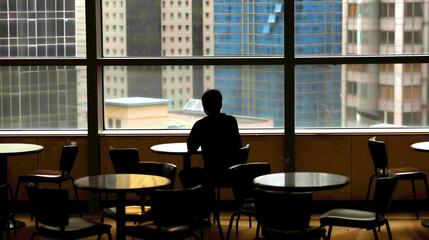Fototapeta premium Solitary figure in modern empty cafe, staring out window with distant look, symbolizing social loneliness and introspection in urban life.