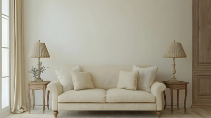 Fototapeta premium Minimalist French Country-Inspired Living Room with Light Walls, Beige Sofa, Elegant Wood Accents, and Rustic Charm