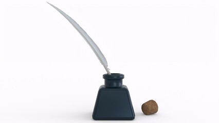 ink bottle with feather and cork with white background