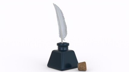 ink bottle with feather and cork with white background