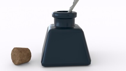 ink bottle with feather and cork with white background