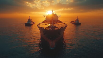 Fototapeta premium Tugboats Guiding Tanker to Dock at Sunset in Harbor