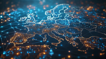 Dynamic digital world map emphasize Western Europe continental for AI powered global network connectivity big data transfer cyber technology network information exchange and telecommunication concept.