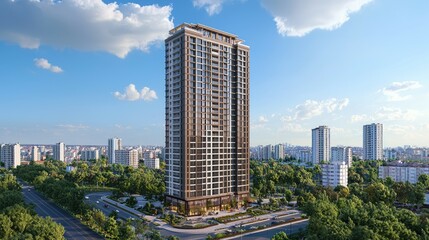 Modern high-rise apartment building in a city with a blue sky and green trees.