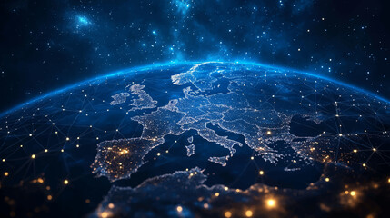 Dynamic digital world map emphasize Western Europe continental for AI powered global network connectivity big data transfer cyber technology network information exchange and telecommunication concept. © Pickoloh