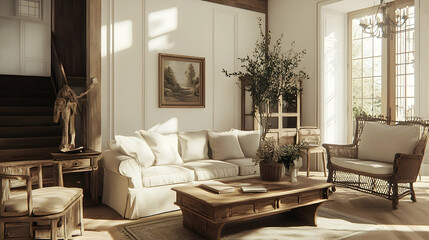 Minimalist French Country-Inspired Living Room with Light Walls, Beige Sofa, Elegant Wood Accents, and Rustic Charm