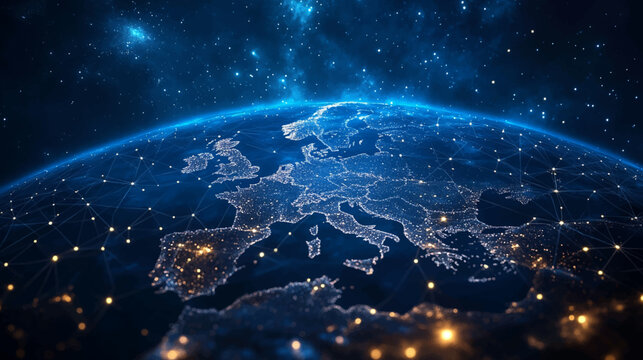 Dynamic digital world map emphasize Western Europe continental for AI powered global network connectivity big data transfer cyber technology network information exchange and telecommunication concept.