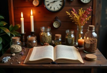 A cozy reading nook with candles, herbs, and vintage clocks creating a warm atmosphere in a quaint wooden setting