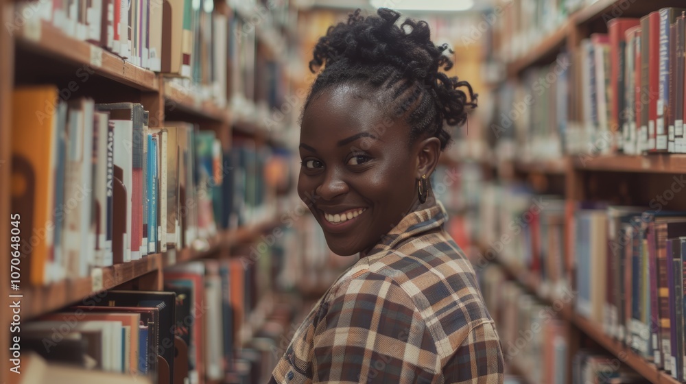 Aufkleber student exploring a bookshelf for educational materials, smiling and excited during the search for t