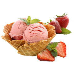 Strawberry Ice Cream in Waffle Bowl with Mint Isolate on transparent background cutout, PNG file, Cutout file