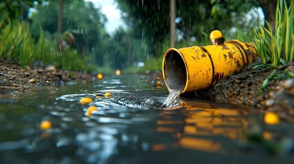 Fototapeta premium Rainwater Flowing from Yellow Rusty Pipe in Forest Stream