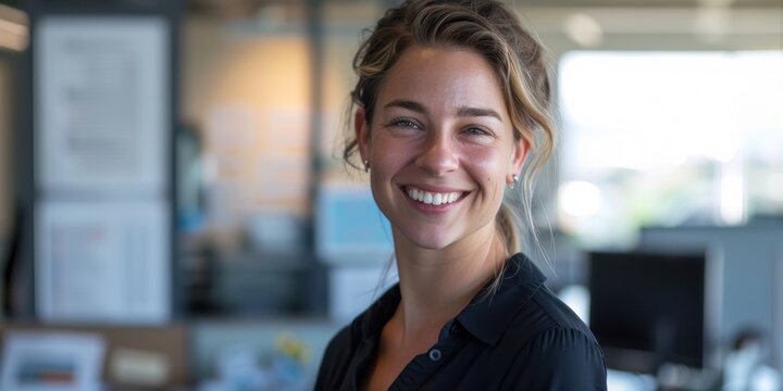 Image of a cheerful businesswoman in an office setting, exuding confidence after brainstorming strategies on a whiteboard. Emphasizing leadership through effective planning
