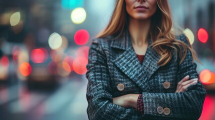 Fototapeta premium Professional woman with crossed arms during morning commute, representing career growth and travel in an urban setting