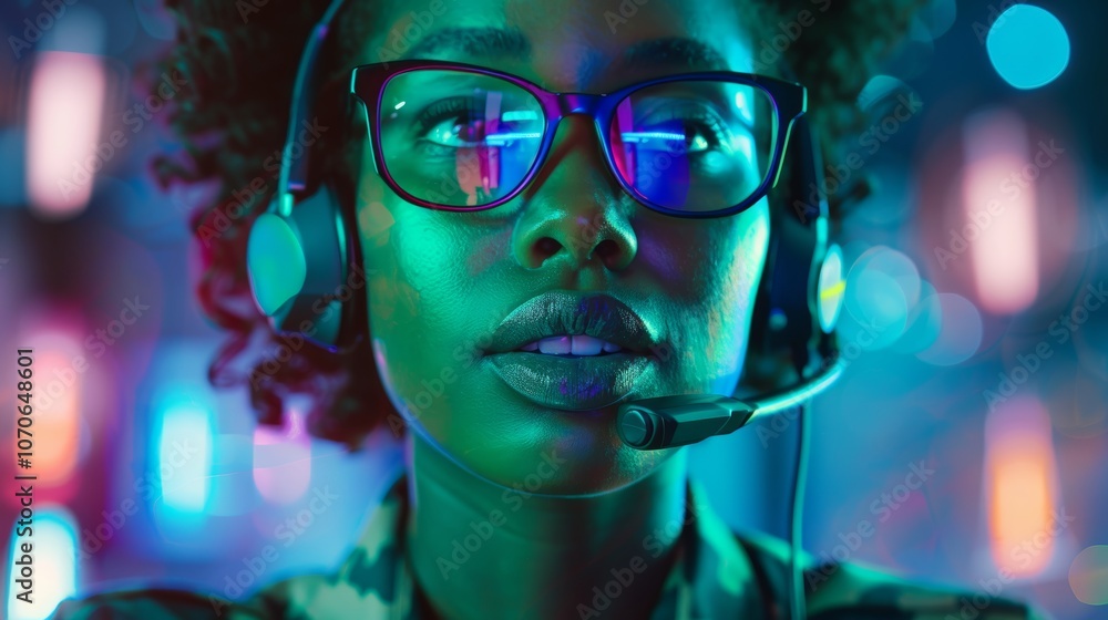 Poster control room for military operations featuring a woman using technology for cyber intelligence and c