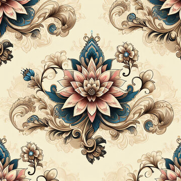 A cute floral pattern with cream, blue, yellow  and purple flowers and dark stems and leaves on a white background.