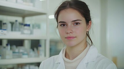 Fototapeta premium Portrait of a young female scientist in a lab coat looking directly at the camera with a confident expression.