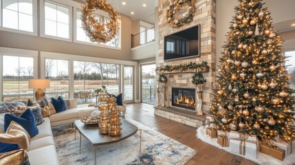 A Cozy Living Room Decorated for Christmas with a Lit Fireplace