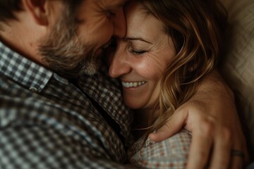 Couple relaxing on sofa, exchanging smiles and enjoying intimate moments while discussing plans for their future together