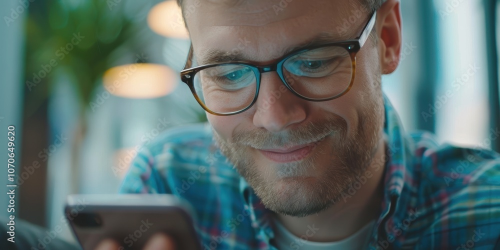 Poster smiling young professional using a smartphone, engaging with social media and texting while showcasi