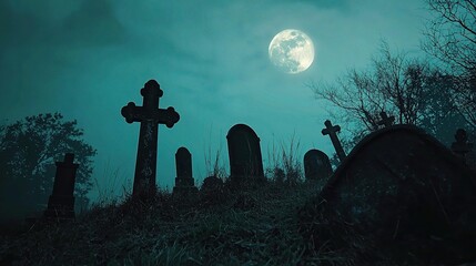 Spooky Graveyard Under Full Moon