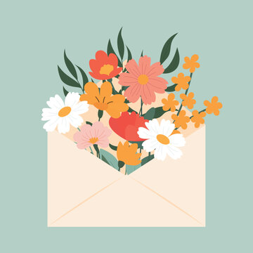 Cute flowers in an envelope. Floral mail. Bouquet of spring flowers inside the envelope and other decor elements. Flat design. Vector illustration