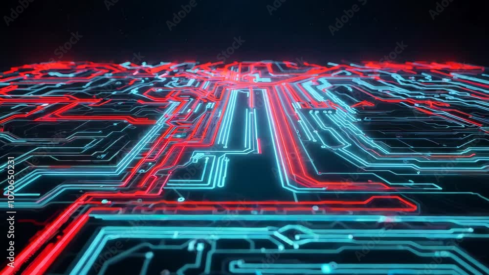 Poster Computer technology abstraction with connected hardware or data servers in neon lights of wires