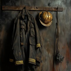 Vintage Firefighter Gear on Rustic Background