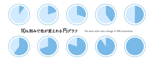 10％刻みで色が変えれる円グラフのイラストセット。シンプルな百分率のチャート。10分割された円のインフォグラフィクアイコン。