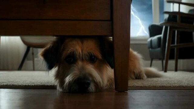 Dog Hiding Under Table with Thunderstorm Outside Window