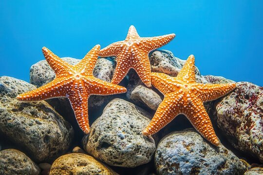 Starfish on rocks with central blank area, ideal for text or images, underwater graphic space, marine texture