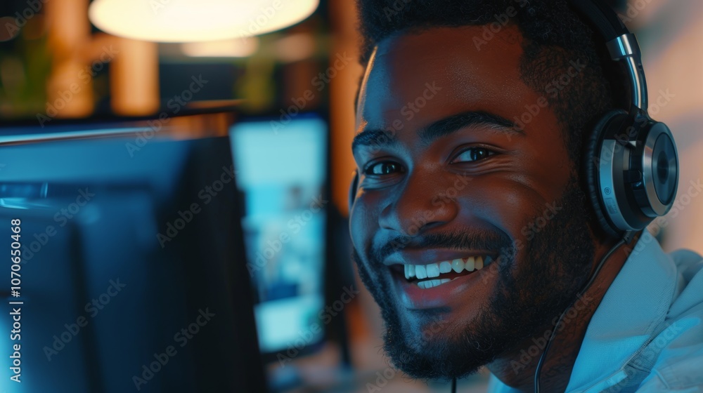 Poster portrait of a consultant in a call center, providing communication or technical support for e-commer