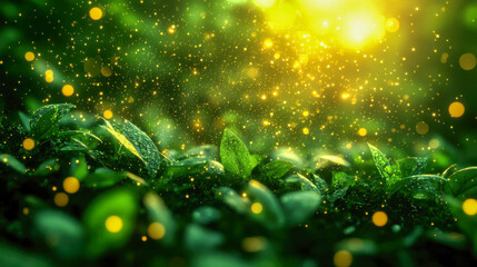 Vibrant green leaves with dewdrops under sunlight, surrounded by golden particles