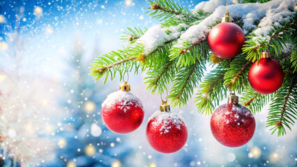 Obraz premium christmas and new year holidays concept. Red balls on fir branches, winter snowy backdrop.