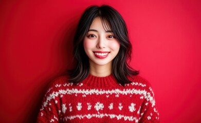 Fototapeta premium An Asian woman in a red attire stands against a matching red background, exuding warmth and friendliness, perfect for red-themed marketing campaigns.